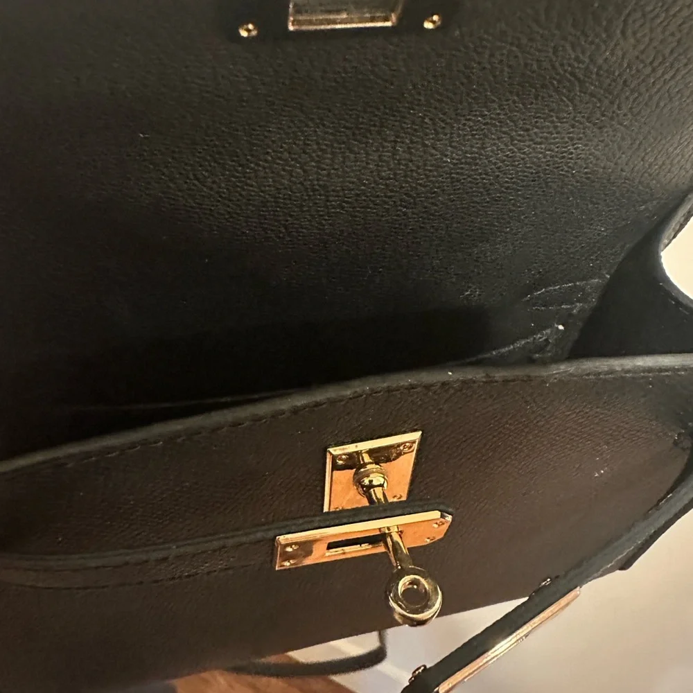 Structured Black Crossbody Bag with Gold-Tone Lock